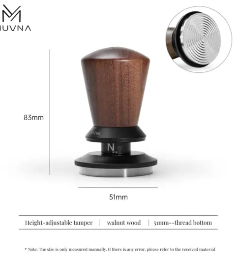 MUVNA Height-Adjustable Espresso Tamper – Walnut Wood – 51mm