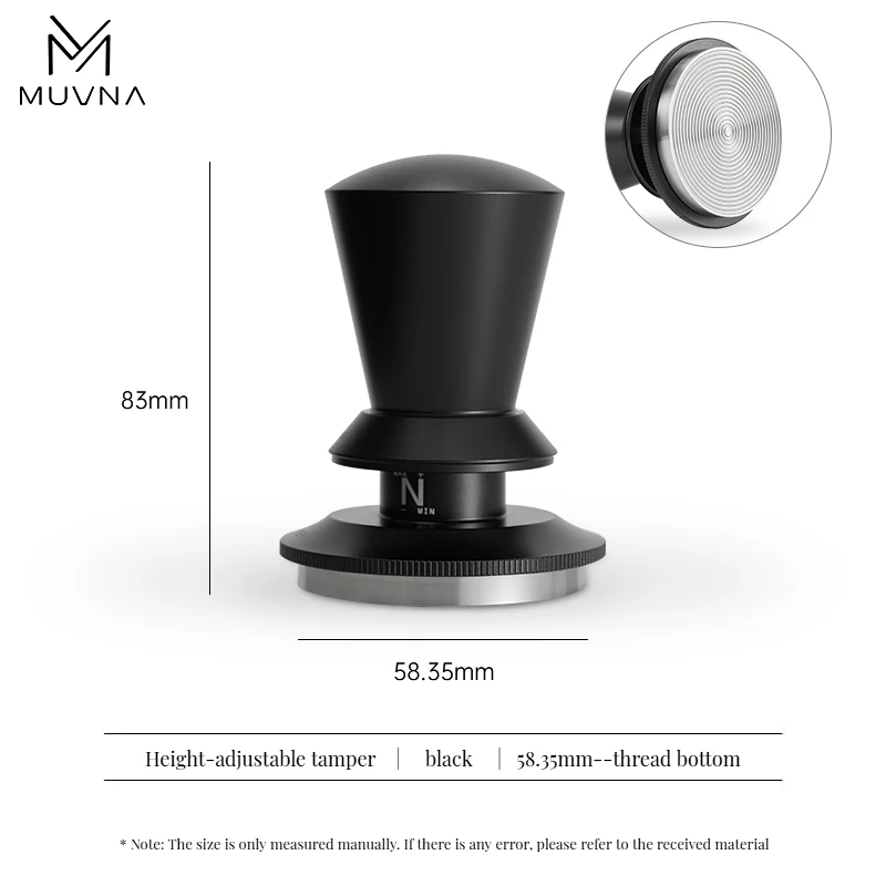 MUVNA Height-Adjustable Espresso Tamper – Matte Black – 58.35mm
