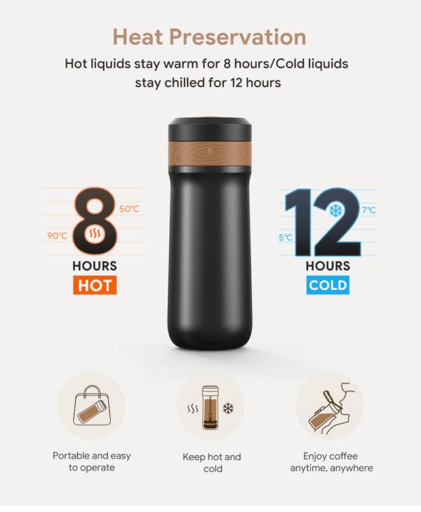 ⁦iCafilas Travel Stainless Steel Isolated French Press Coffee Mug⁩ - الصورة ⁦6⁩