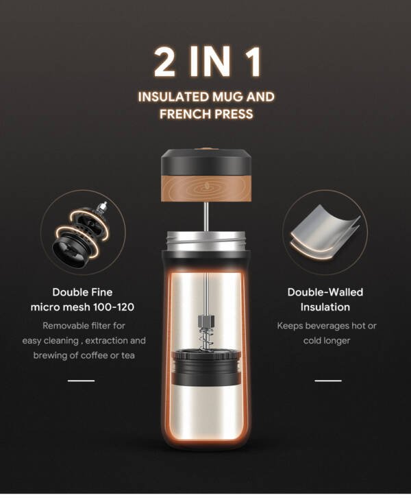⁦iCafilas Travel Stainless Steel Isolated French Press Coffee Mug⁩ - الصورة ⁦7⁩
