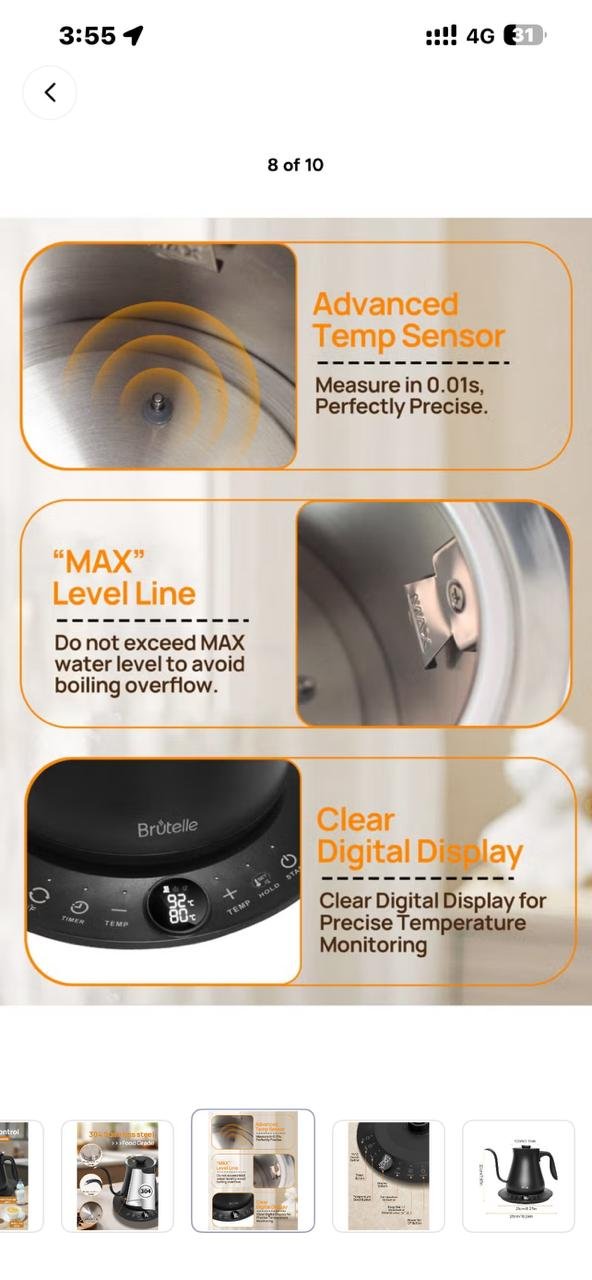 ⁦Electric Kettle V60 Coffee Kettle Gooseneck Kettle 800Ml- Black⁩ - الصورة ⁦8⁩