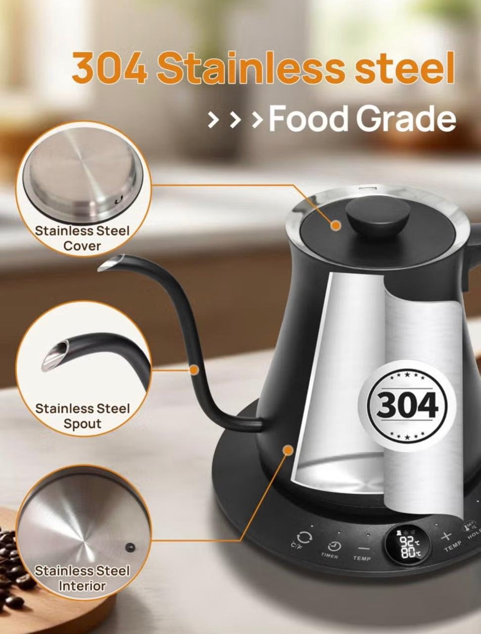 ⁦Electric Kettle V60 Coffee Kettle Gooseneck Kettle 800Ml- Black⁩ - الصورة ⁦7⁩
